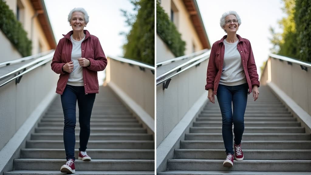 Comparaison avant-après : personne âgée qui utilise un monte-escalier à Vulbens, avant (fatiguée, en haut des marches) et après (sereine, en bas, souriante)