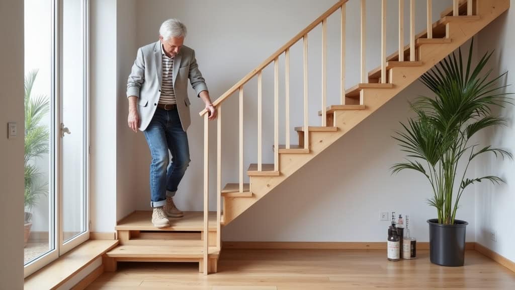 Monte-escalier droit installé sur un escalier en bois dans une maison de Vulbens, avec un utilisateur âgé qui monte en toute sécurité