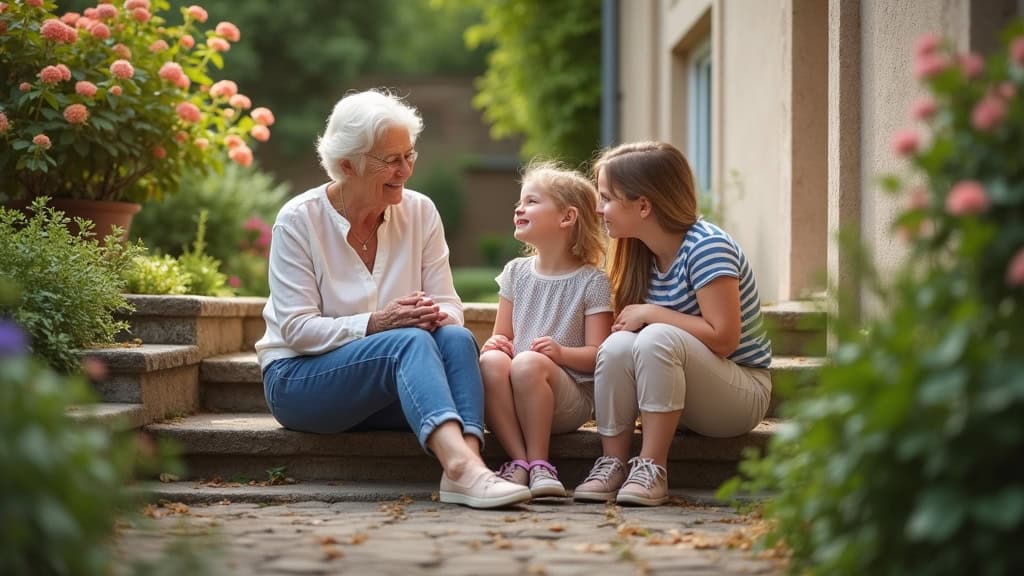 Famille heureuse à Wattwiller : une grand-mère installée sur un monte-escalier, souriante, entourée de ses petits-enfants en bas des marches, dans une maison typique de la région avec un jardin fleuri