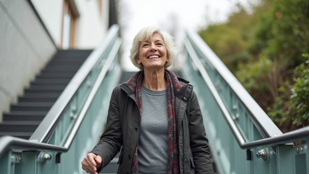 Personne âgée utilisant un monte-escalier à Wavrechain-sous-Denain, souriante, en train de descendre les marches avec facilité et sécurité