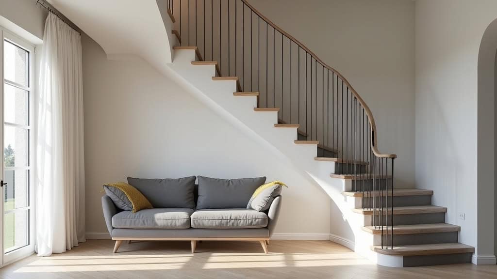 Monte-escalier tournant installé dans une maison de Wavrin, avec rail courbé sur un escalier en colimaçon et siège en tissu gris, intégré dans un intérieur traditionnel