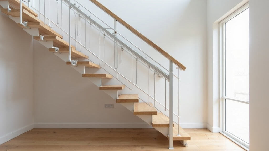 Monte-escalier droit installé dans une maison à Wavrin, avec rail en aluminium et siège gris, intégré harmonieusement sur les marches en bois