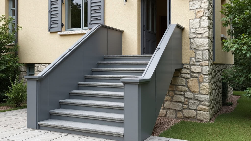 Monte-escalier extérieur en aluminium avec siège en tissu gris, installé sur un escalier en pierre menant à une entrée de maison traditionnelle à Westhoffen, sous un auvent
