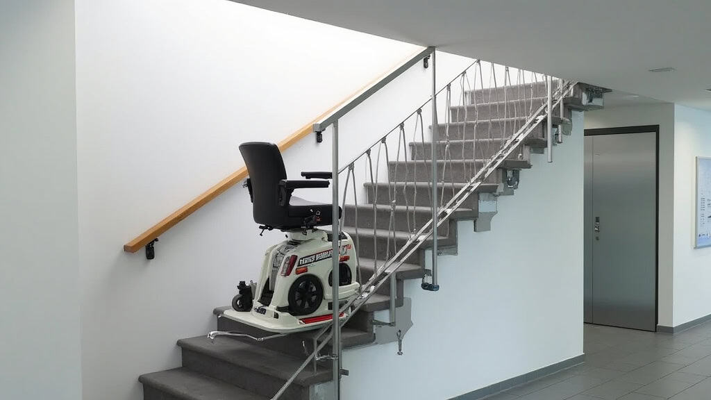 Plateforme monte-escalier transportant un fauteuil roulant sur un escalier en colimaçon. L