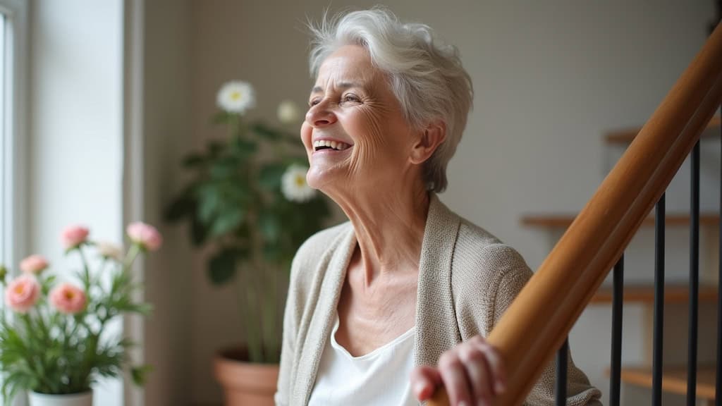 Personne âgée souriante utilisant un monte-escalier à Wittisheim pour accéder à son salon, avec fleurs et objets personnels en arrière-plan