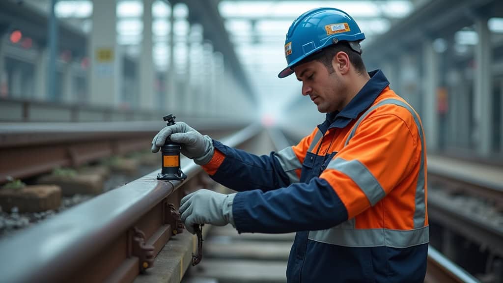 Technicien en train de vérifier le rail et les capteurs d