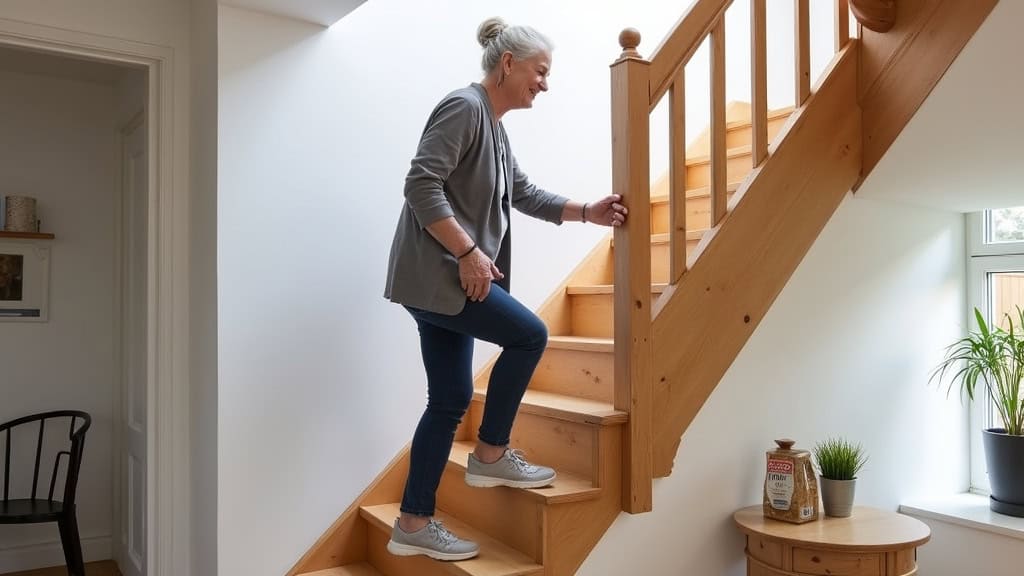 Monte-escalier droit installé sur un escalier en bois dans une maison typique de Yffiniac, avec une personne âgée qui monte en toute sécurité
