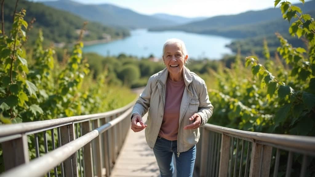 Personne âgée utilisant un monte-escalier droit à Yvoire, souriante, en train de monter les marches avec sécurité, en arrière-plan une vue du lac du Léman et des vignes
