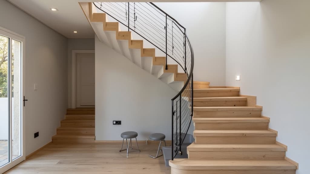 Monte-escalier tournant installé dans une maison ancienne de Yzeure, avec rail courbe sur escalier en bois, siège gris et commandes tactiles, intégré harmonieusement
