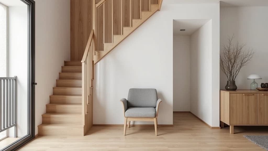 Monte-escalier droit intégré dans un escalier en bois, avec siège en tissu et rail discret, dans une maison typique de Zegerscappel, vue d