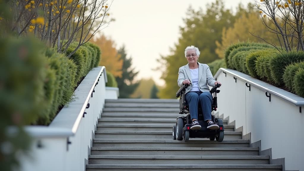 Monte-fauteuil en action sur un escalier courbe à Cheny, transportant un fauteuil roulant avec une personne âgée assise en toute sécurité