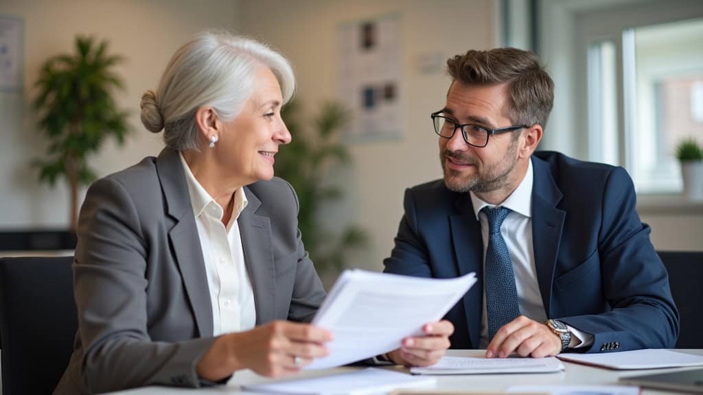 Personne âgée discutant avec un conseiller de la CAF à la mairie de Biol, documents à l