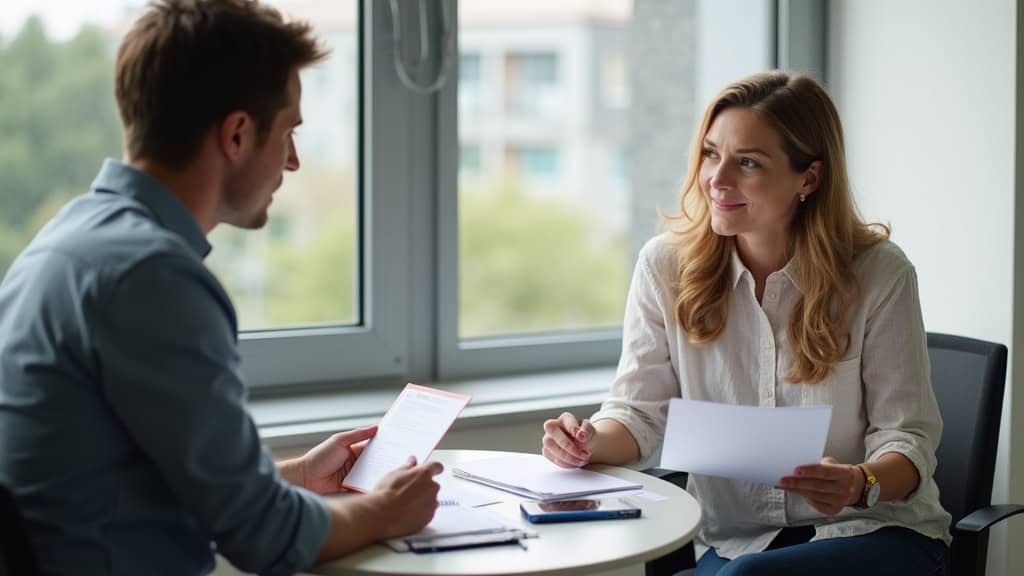 Personne âgée discutant avec un conseiller du CCAS de Courtry, avec documents d