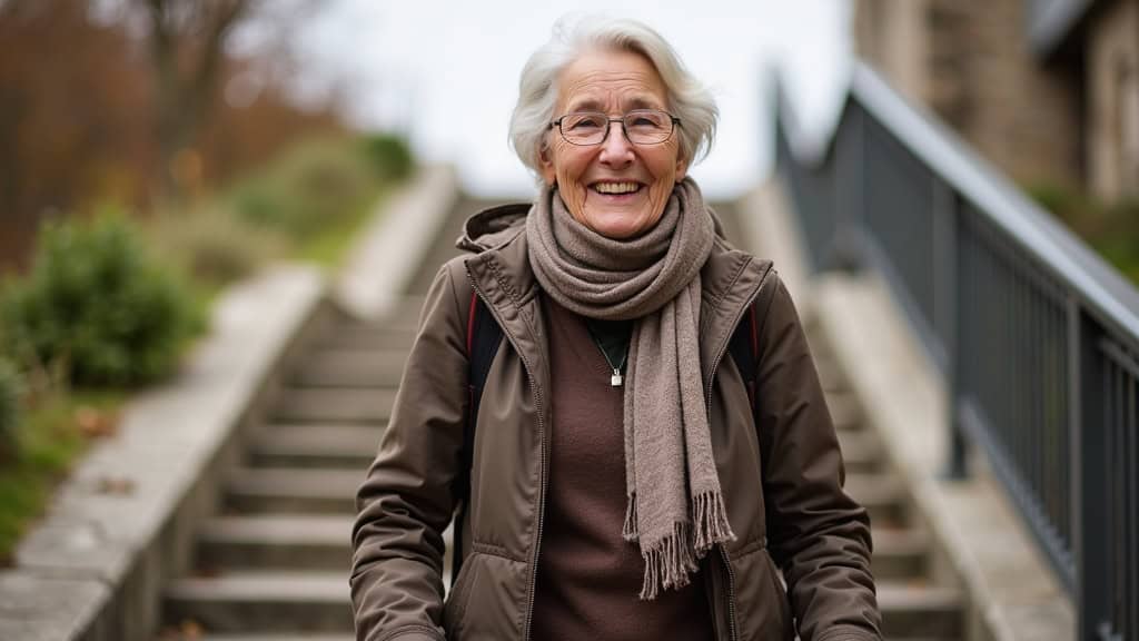 Personne âgée souriant en utilisant son monte-escalier à Riquewihr