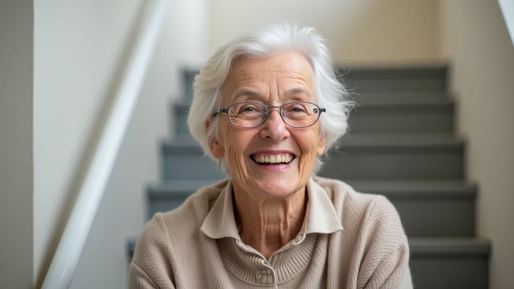 Personne âgée souriante avec un monte-escalier installé, entourée de documents d