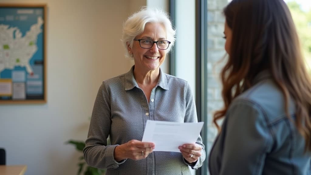 Personne âgée souriante en train de recevoir une aide financière pour monte-escalier à Azille, avec document Ma Prime Adapt
