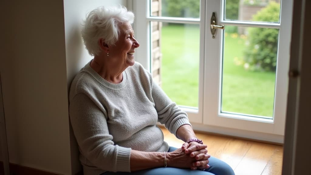 Personne âgée souriante installée sur un monte-escalier droit, regardant par la fenêtre de sa maison à Arc-sur-Tille, avec jardin en arrière-plan