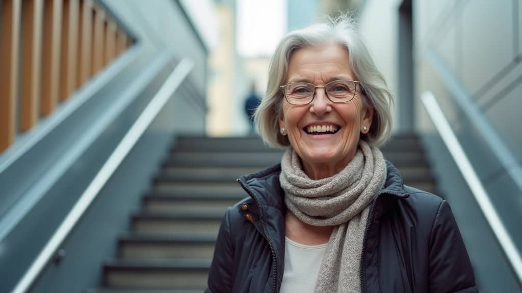 Personne âgée souriante utilisant un monte-escalier à Albigny-sur-Saône, en train d