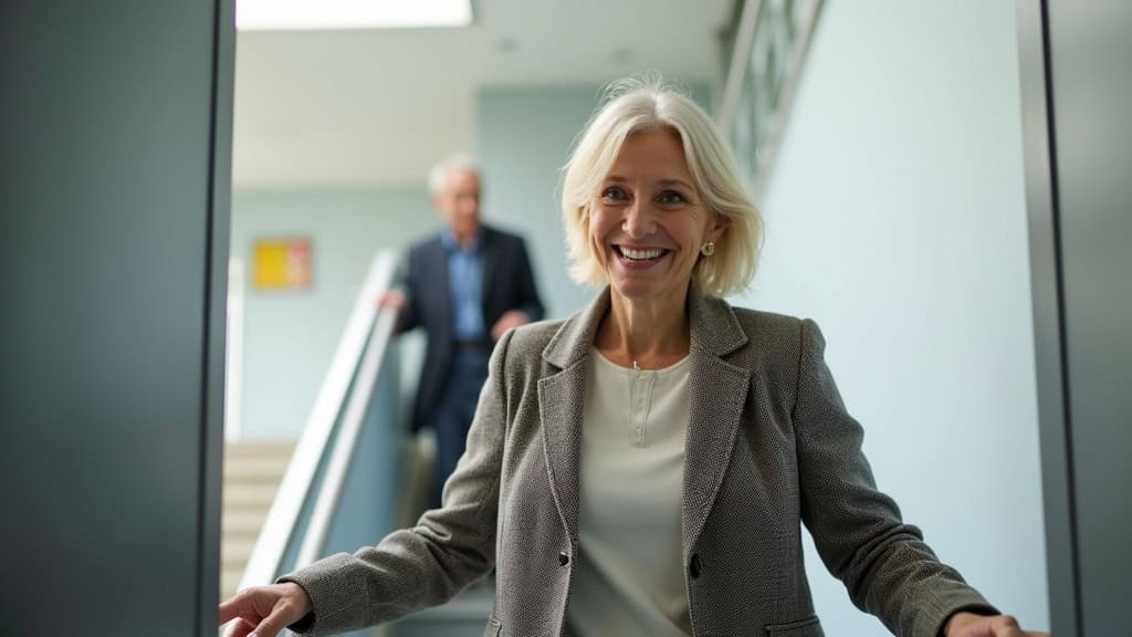 Personne âgée souriante utilisant un monte-escalier à Azille, en train d