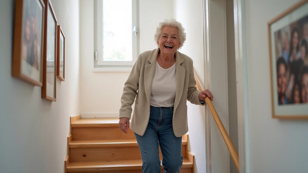 Personne âgée souriante utilisant un monte-escalier à Pénestin, entourée de photos de famille sur les murs de l