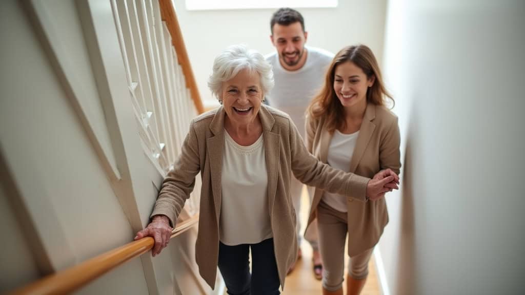Personne âgée souriante utilisant un monte-escalier dans son escalier, entourée de sa famille