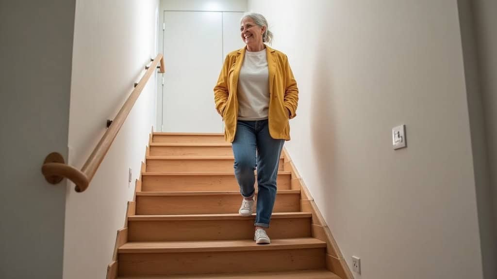 Personne âgée souriante utilisant un monte-escalier dans une maison de Saint-Cloud