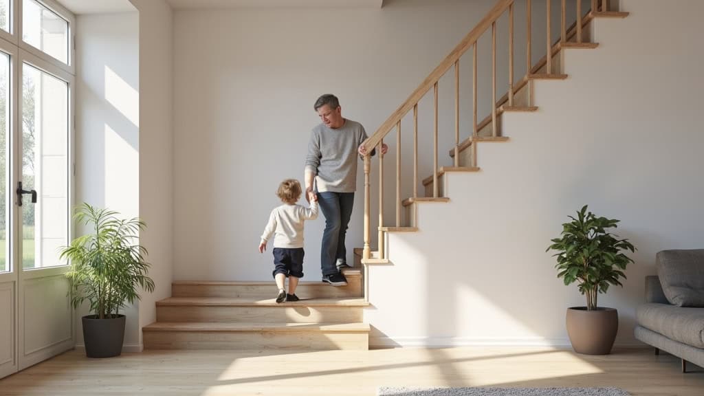 Personne âgée utilisant son monte escalier dans son salon à Morsang-sur-Orge