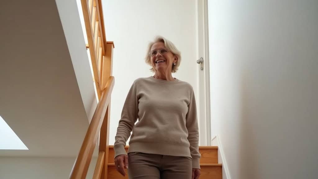 Personne âgée utilisant son monte-escalier dans une maison à Thil avec un sourire