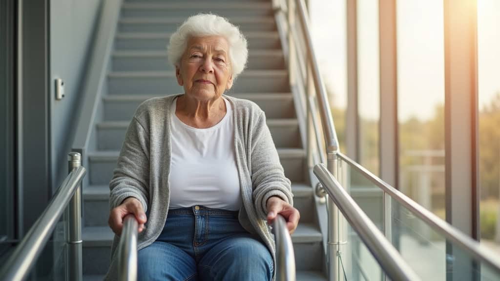 Personne âgée utilisant tranquillement un monte-escalier à Monéteau, assise confortablement, main sur la commande, regard paisible