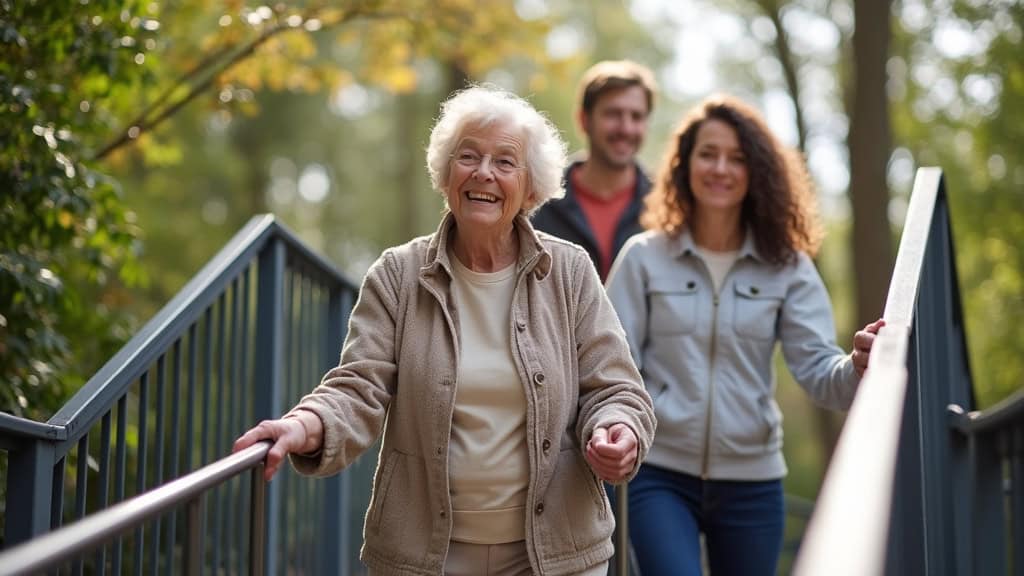 Personne âgée utilisant un monte-escalier à Bazouges Cré sur Loir, souriante, entourée de sa famille