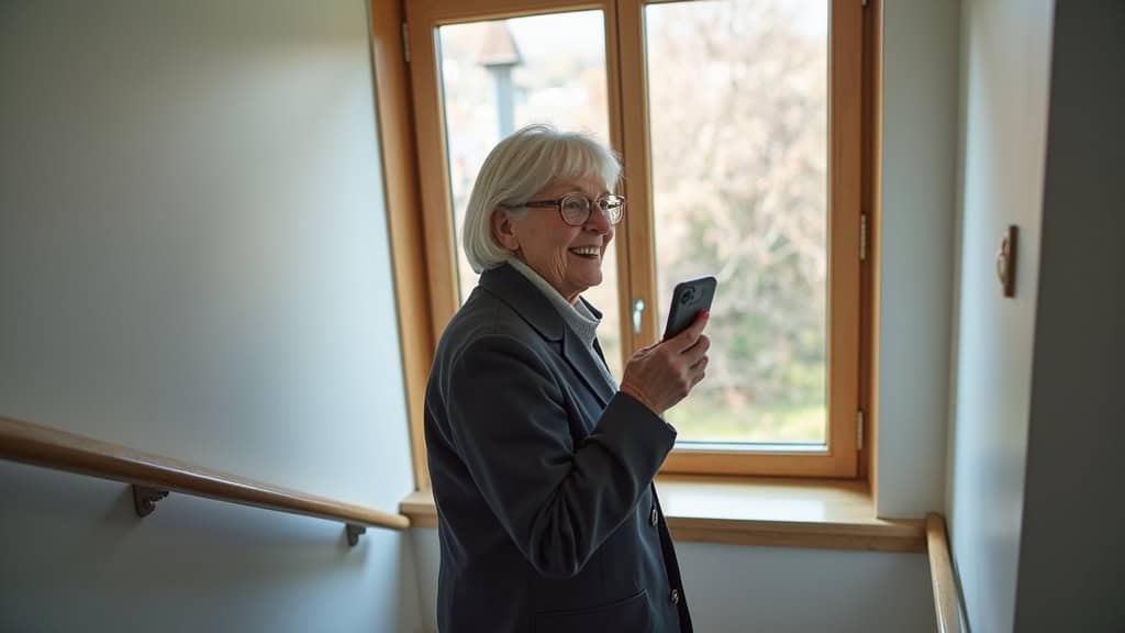 Personne âgée utilisant un monte-escalier à Bidache, souriante, main sur la télécommande, regardant la fenêtre du premier étage