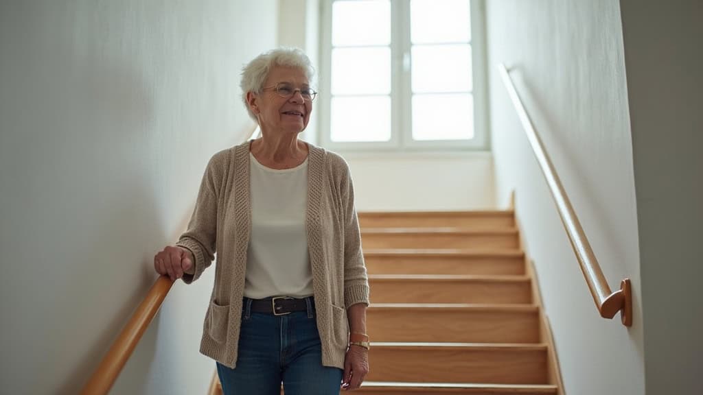 Personne âgée utilisant un monte-escalier à Contes, main sur la poignée, regard calme, sourire discret, en train de monter tranquillement les marches