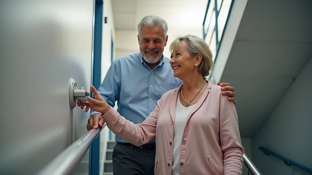 Personne âgée utilisant un monte-escalier à Cucuron, souriante, main sur le bouton de contrôle