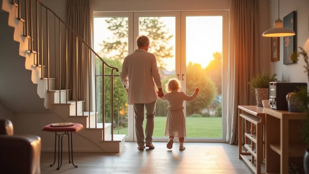 Personne âgée utilisant un monte-escalier à siège dans une maison de Boujan-sur-Libron, avec une vue pleine fenêtre sur le jardin et le soleil du matin