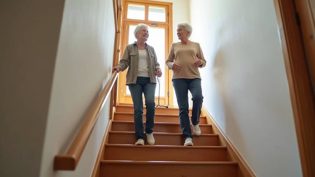 Personne âgée utilisant un monte-escalier courbe à Branne, en train de monter tranquillement les marches avec un sourire, dans une maison traditionnelle