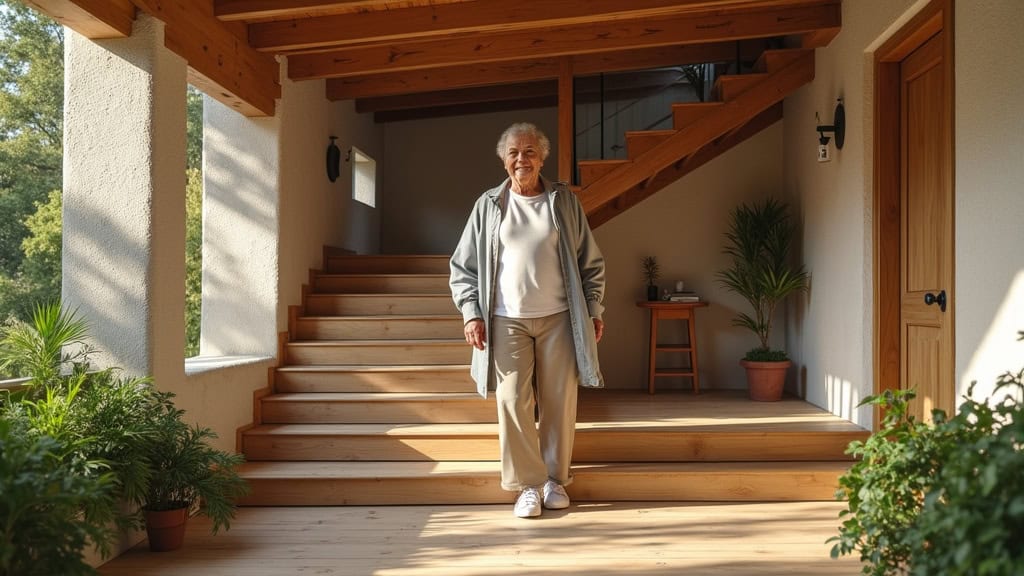 Personne âgée utilisant un monte-escalier dans une maison typique de La Vaupalière, entourée de bois et de végétation