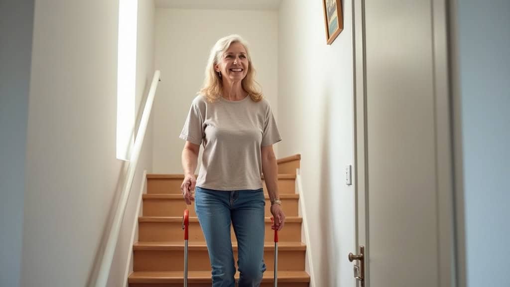 Personne âgée utilisant un monte-escalier droit dans une maison de Charbonnières-les-Vieilles, souriante, en train de monter les marches en toute sécurité