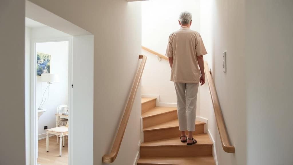 Personne âgée utilisant un monte-escalier droit dans une maison de Verchain-Maugré