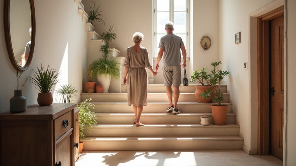 Personne âgée utilisant un monte-escalier droit dans une maison traditionnelle de Rognonas