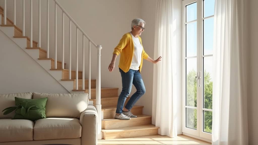 Personne âgée utilisant un monte-escalier droit dans une maison typique d