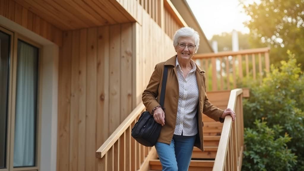 Personne âgée utilisant un monte-escalier droit en bois à Bioule, souriante, avec un sac à main, en train de monter les marches
