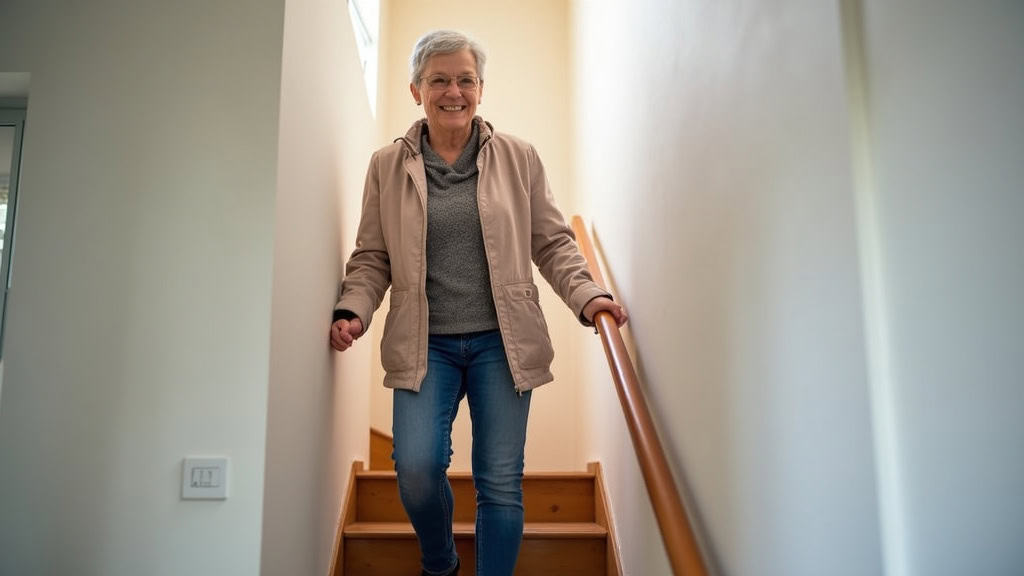 Personne âgée utilisant un monte-escalier droit en toute sécurité dans une maison de Collonges-sous-Salève, avec un sourire et la main posée sur l