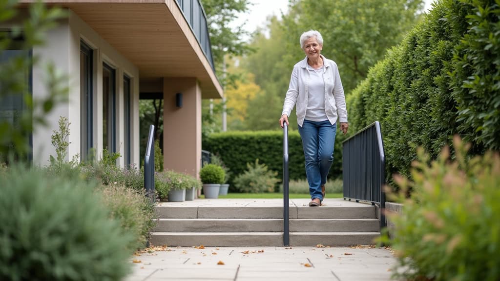 Personne âgée utilisant un monte-escalier extérieur pour accéder à son jardin à Méré en toute sécurité