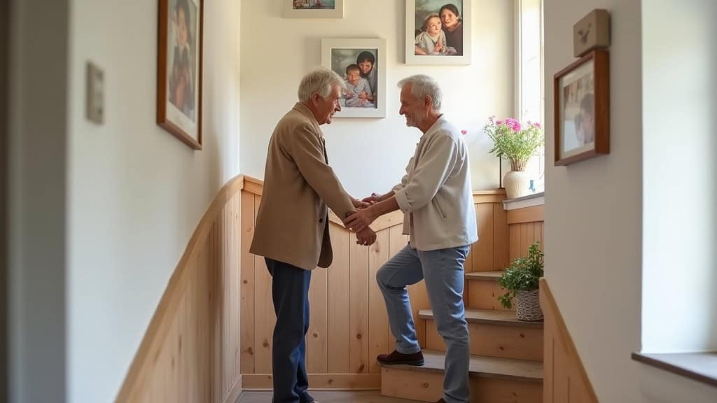 Personne âgée utilisant un monte-escalier pour descendre tranquillement les marches, entourée de photos de famille sur le mur, dans un intérieur chaleureux à Anduze