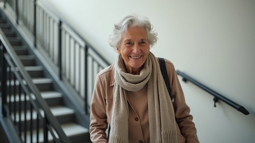 Personne âgée utilisant un monte-escalier tournant à Beure, souriante, en train de monter vers l