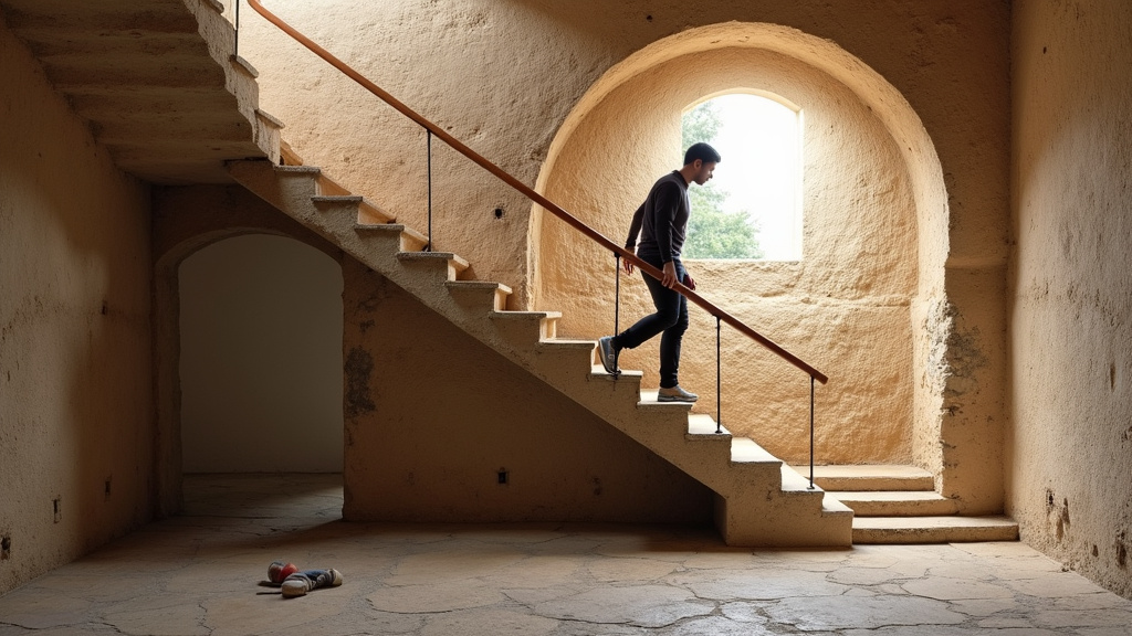 Personne utilisant un monte escalier debout dans une maison ancienne de Saint-Yorre