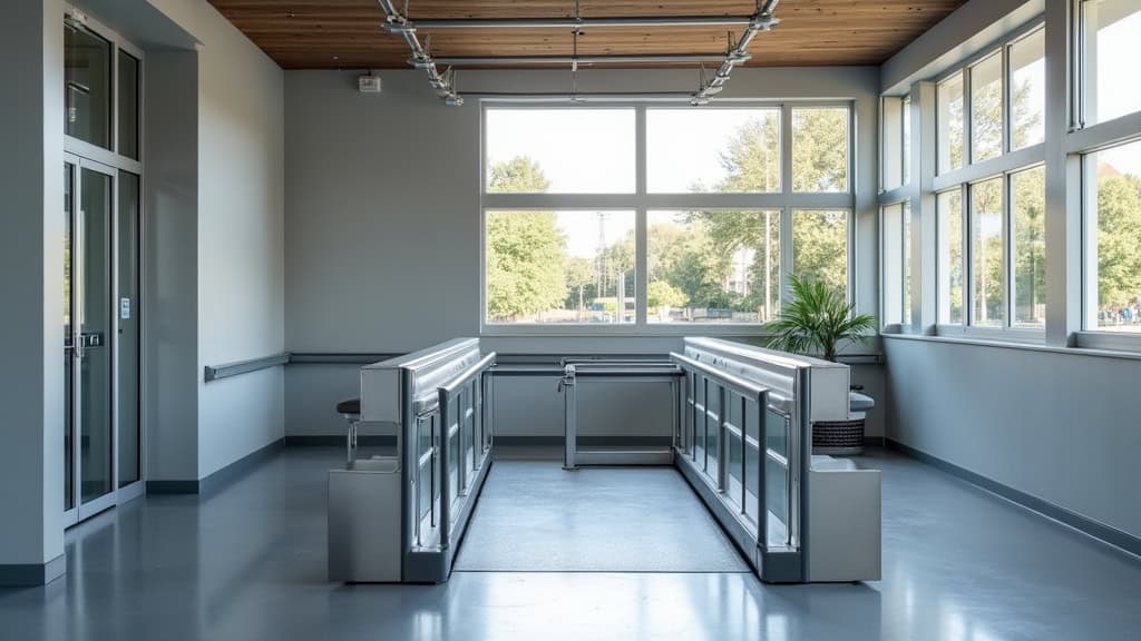 Plateforme élévatrice en cours d’utilisation avec un fauteuil roulant, dans un bâtiment public à Villefranche-d’Albigeois