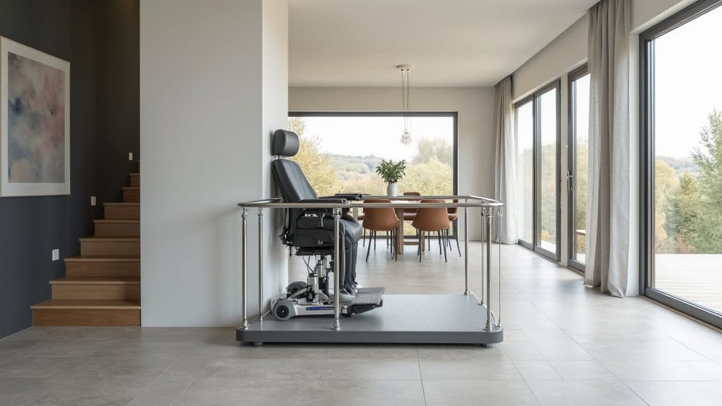 Plateforme élévatrice installée à l’intérieur d’une maison dans l’Essonne, avec fauteuil roulant en sécurité sur le plateau