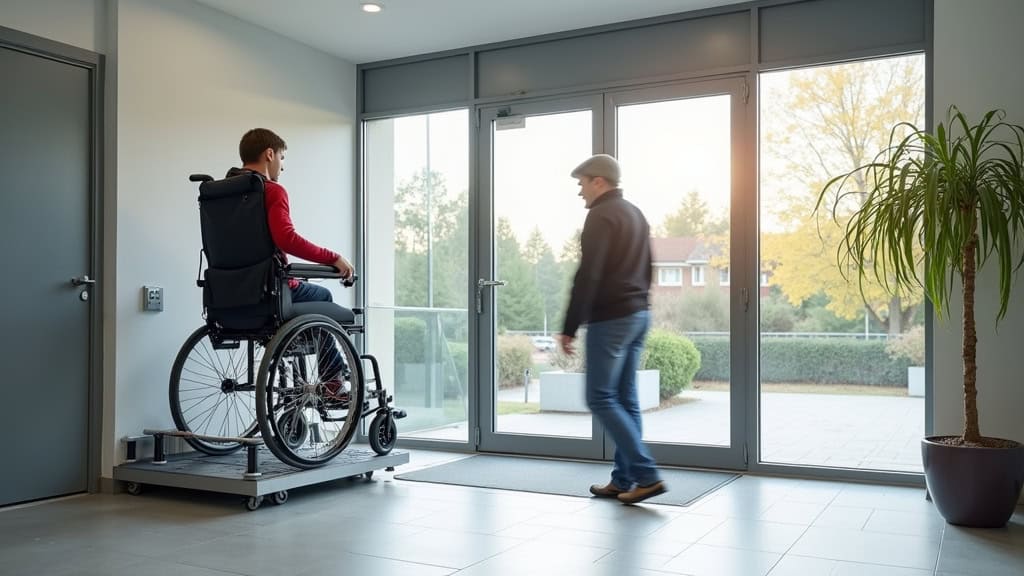 Plateforme élévatrice pour fauteuil roulant, installée dans un hall d’entrée à Colombey-les-Belles, avec une personne en fauteuil qui monte en toute sécurité