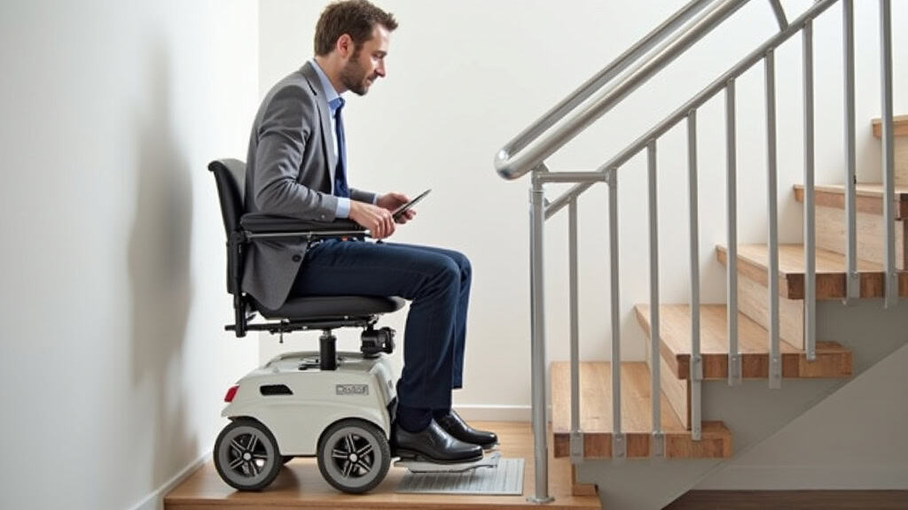 Plateforme élévatrice pour fauteuil roulant installée sur un escalier droit à Bauvin, avec un utilisateur en fauteuil roulant montant calmement les marches